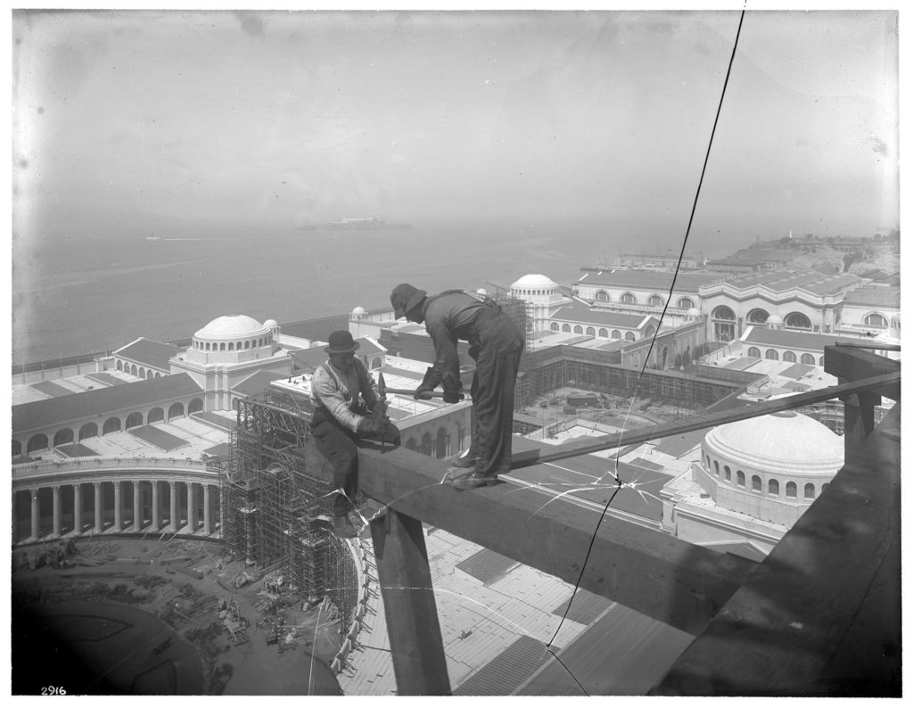 Broken glass negative, re-assembled, of Workmen On Tower