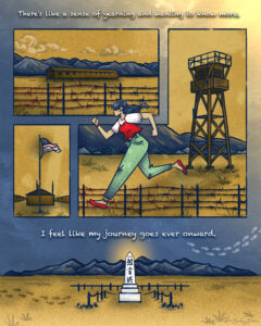 Four panels depicting Manzanar with barbed wire, US flag, barracks, and cemetery monument, with a woman running in the center of the illustration