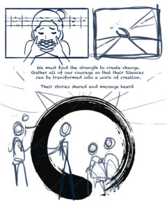 Black and white sketch of a graphic narrative in three panels