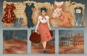 Colorful illustration in three panels includes cut-out paper dolls, a WWII prison camp for Japanese Americans, a woman carrying a suitcase